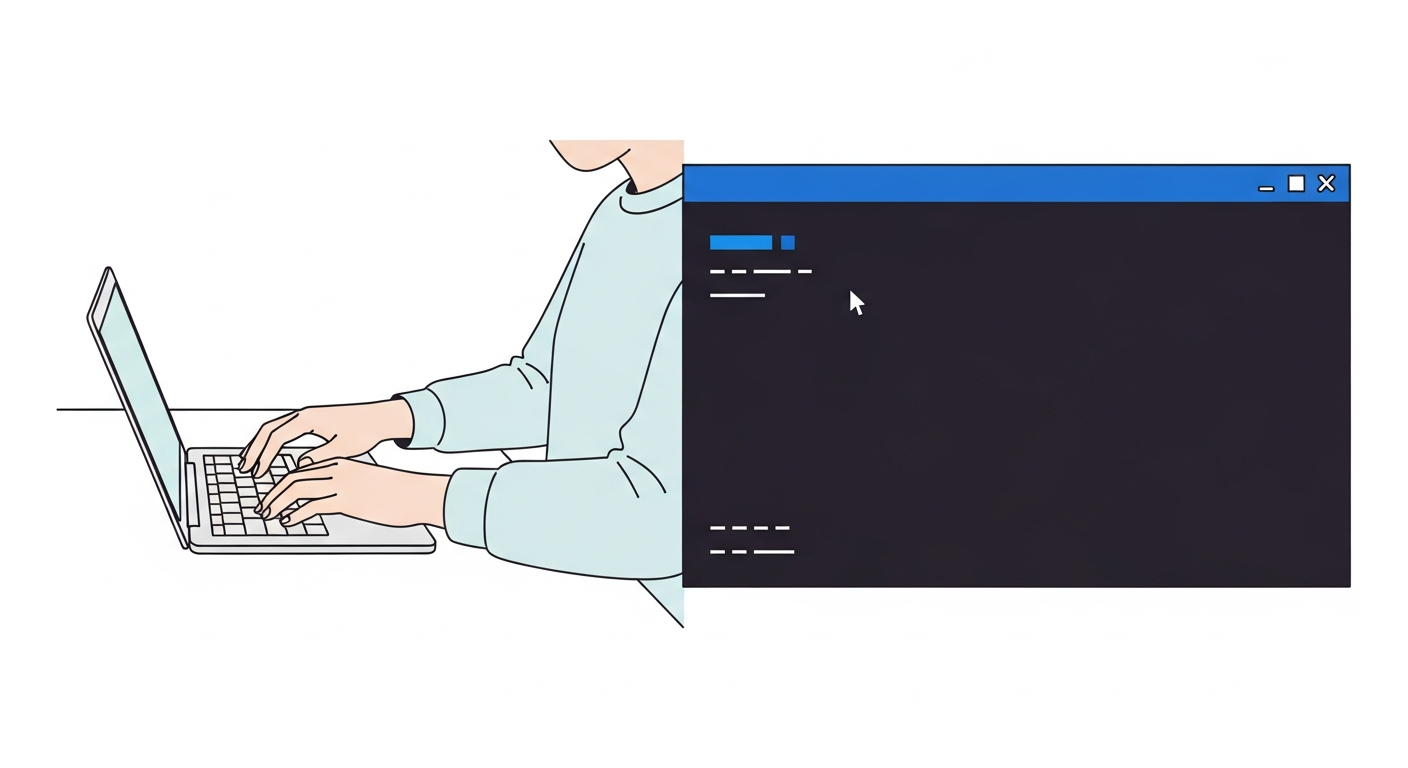 ノートパソコンの隣にターミナル画面を並べて手を動かすイラスト